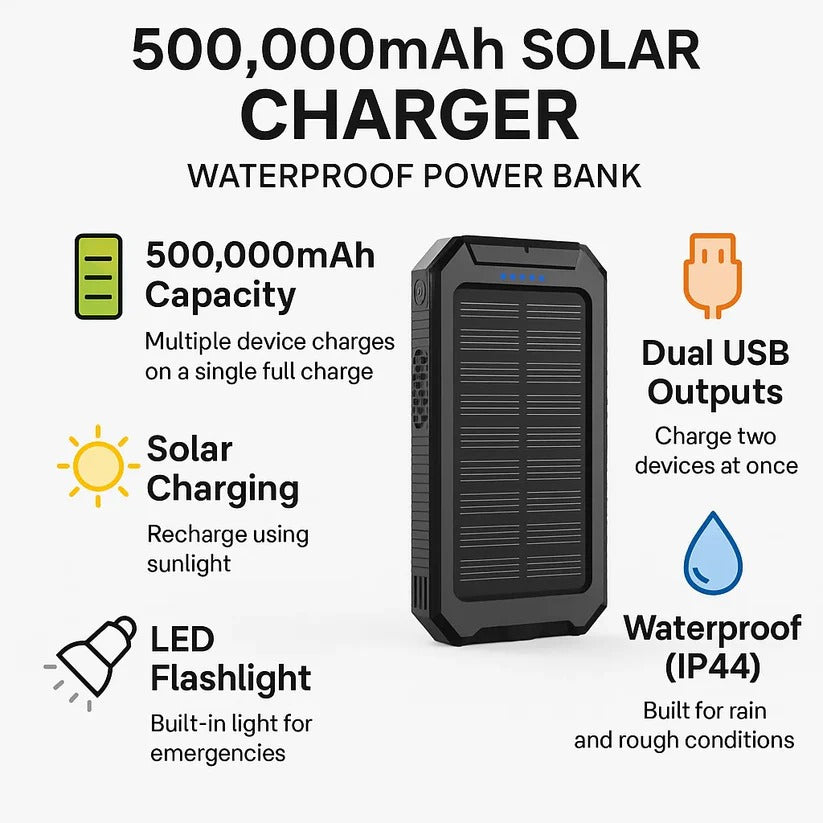 Batería Externa Solar de 500000mAh, Cargador Impermeable