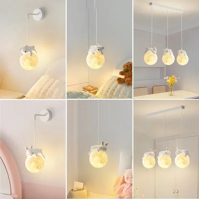 Lámpara Colgante para Niños con Diseño de Oso o Conejo para Iluminación Cálida y Reconfortante