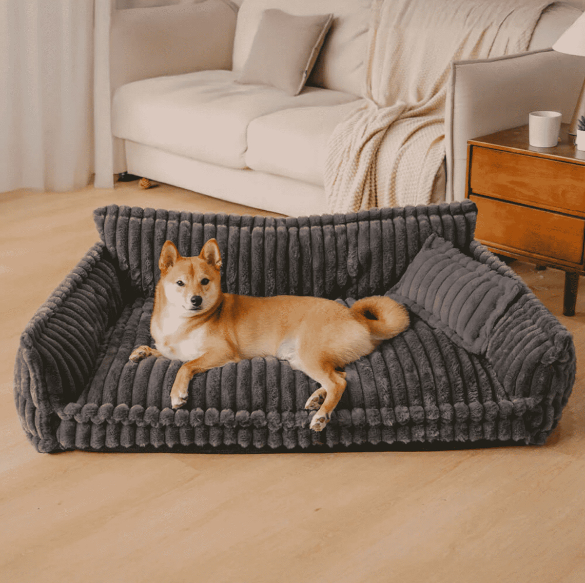 Sofá ortopédico para perros con tela de canalé – cama cómoda para perros