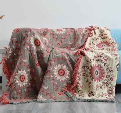 Manta reversible escandinava de pájaros - Dinav Rojo-beige / Queen (200 x 230 cm / 79 x 91in)