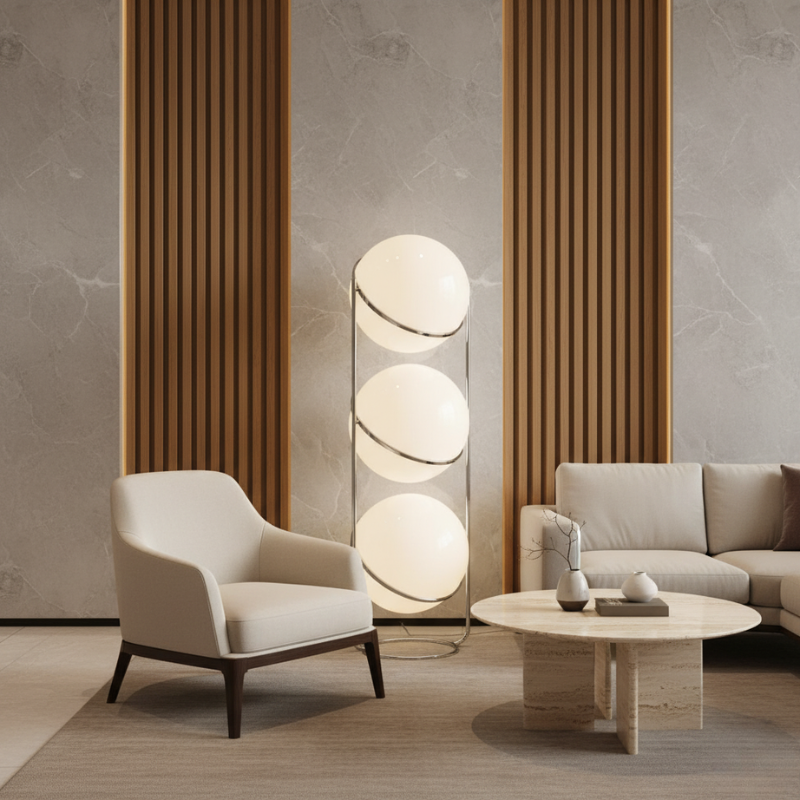 Colección Orbis | Lámpara de Pie Moderna y Elegante con Marco de Cromo para Decoración de Sala de Estar
