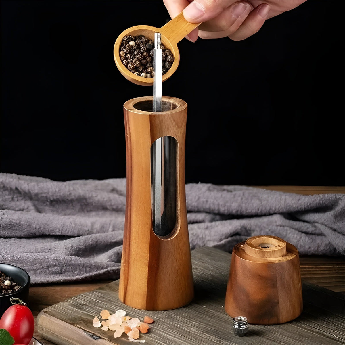 Juego de Molinillos de Sal y Pimienta SpiceCraft Manual – Diseño de Madera con Ventana Acrílica y Niveles de Molienda Ajustables