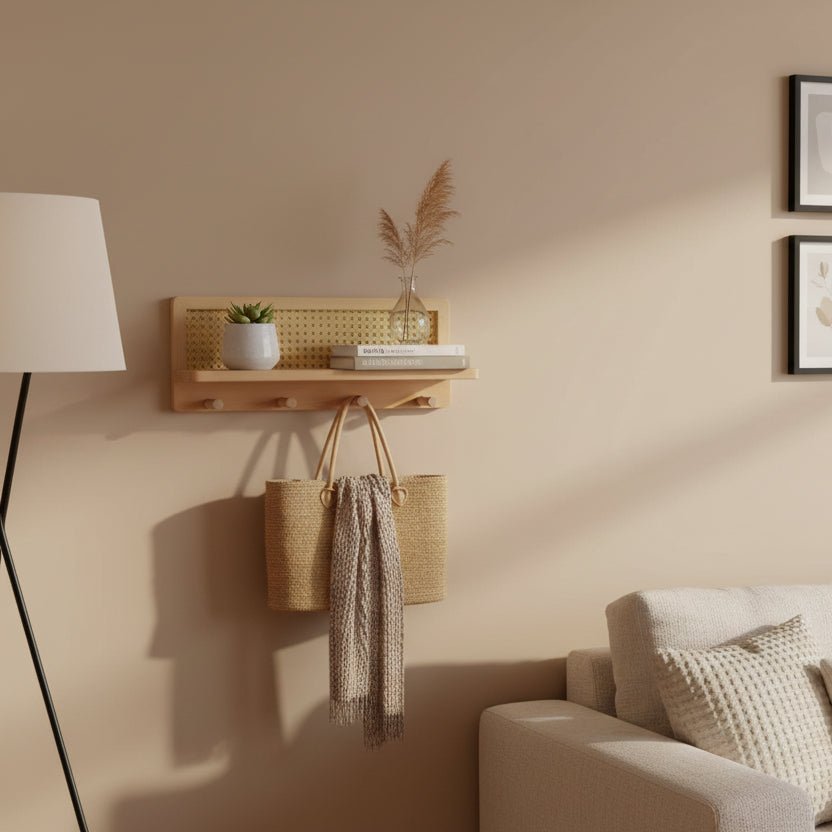 RACKOVA – Estante de madera para pared con 4 ganchos para presentación decorativa y espacio de colgado funcional