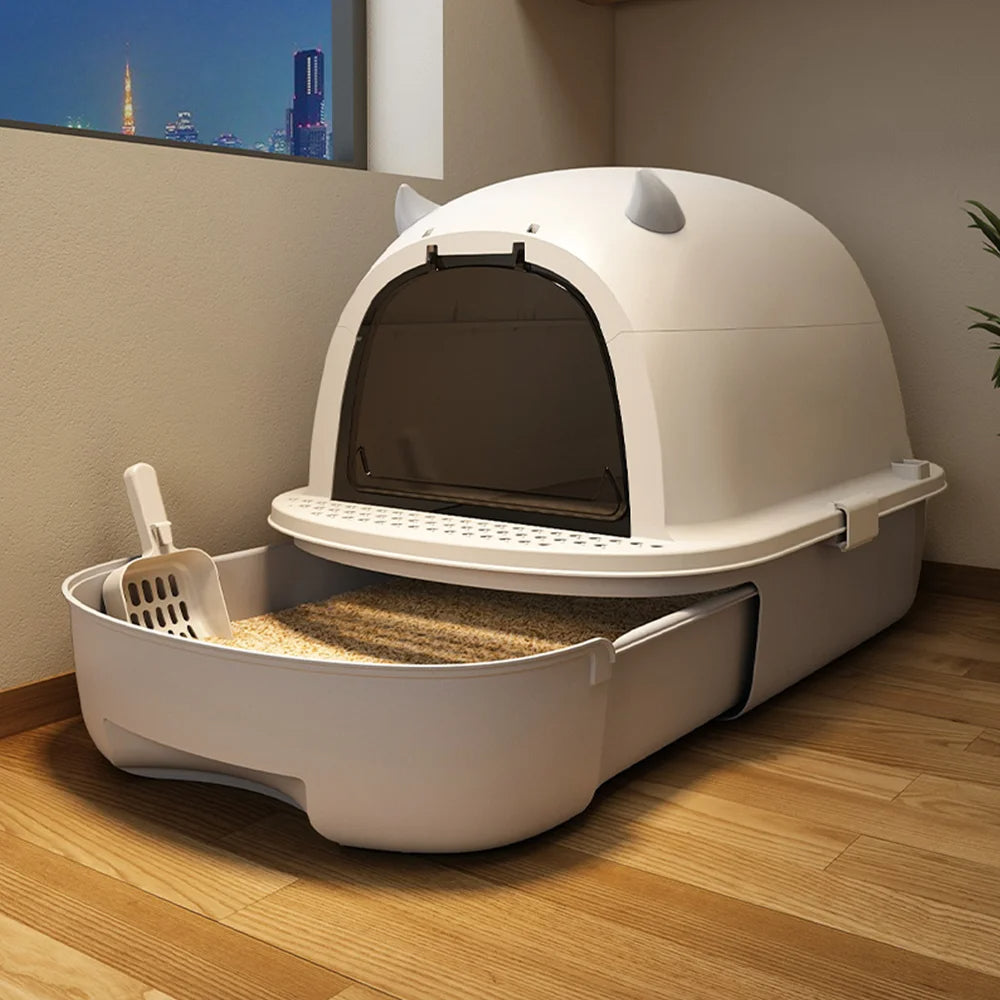 Caja de Arena para Gatos Cerrada con Puerta Basculante y Bandeja Extraíble