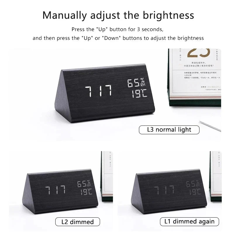 Despertador Digital Moderno con Pantalla LED de Aspecto de Madera y Control por Voz