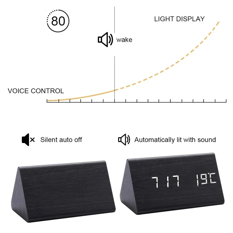 Despertador Digital Moderno con Pantalla LED de Aspecto de Madera y Control por Voz