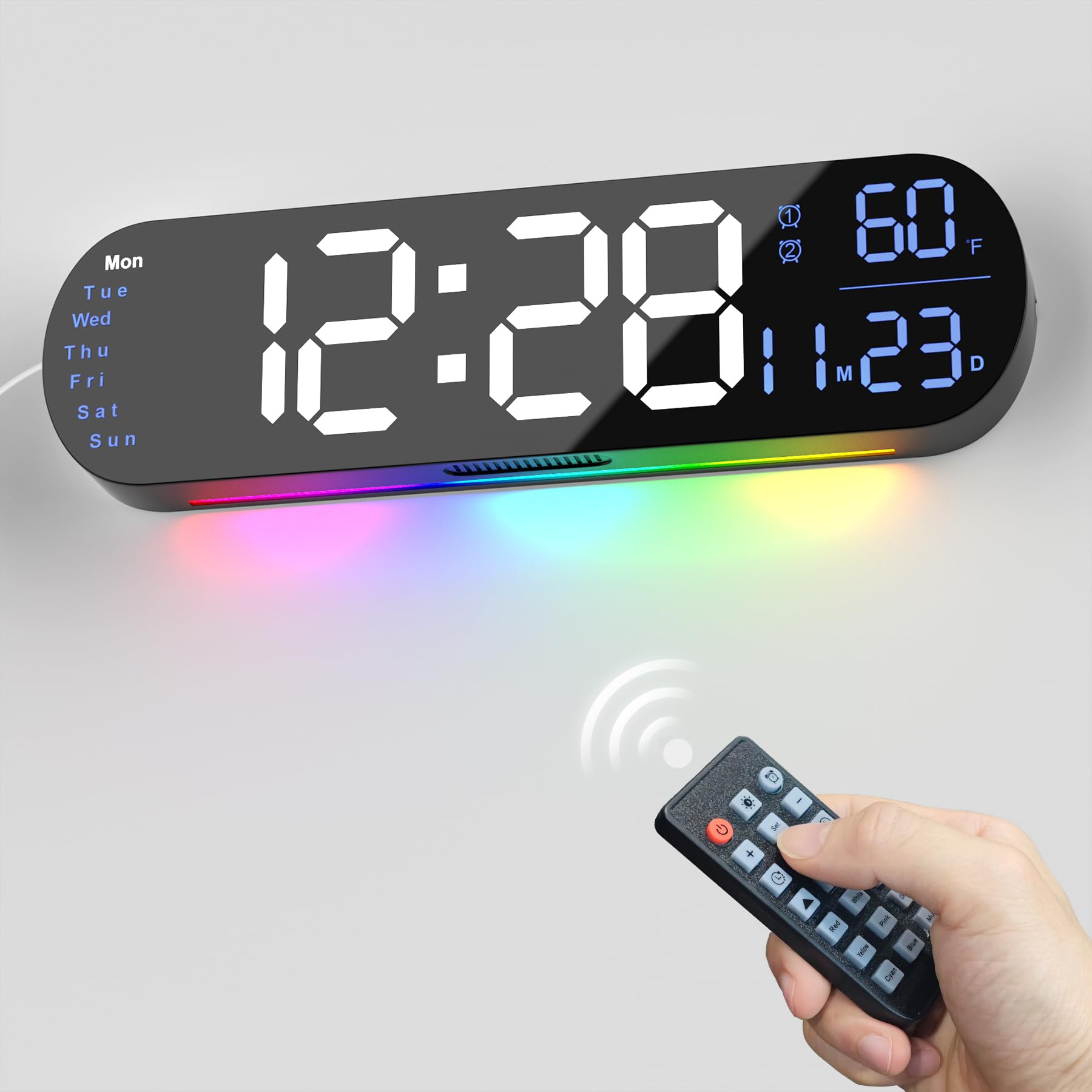 Reloj de pared con pantalla LED multifuncional y luz RGB