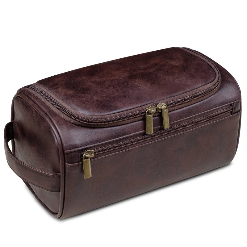 Neceser de Cuero Premium | Diseño Triple Capa Impermeable | Gancho de Metal Integrado para Colgar | 25x13x13 cm | Organizador de Viaje Compacto con Compartimento de Acceso Rápido