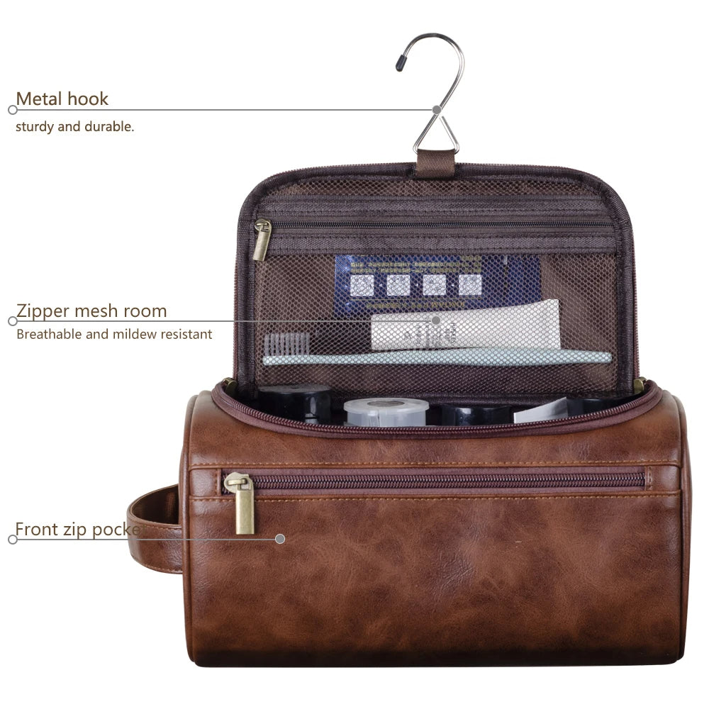Neceser de Cuero Premium | Diseño Triple Capa Impermeable | Gancho de Metal Integrado para Colgar | 25x13x13 cm | Organizador de Viaje Compacto con Compartimento de Acceso Rápido