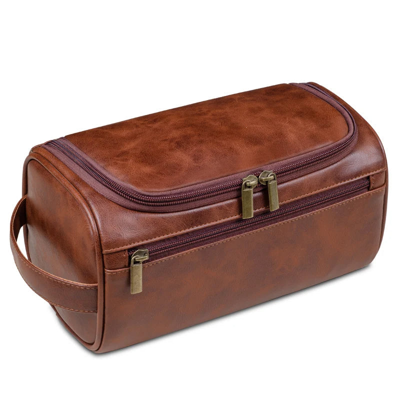 Neceser de Cuero Premium | Diseño Triple Capa Impermeable | Gancho de Metal Integrado para Colgar | 25x13x13 cm | Organizador de Viaje Compacto con Compartimento de Acceso Rápido