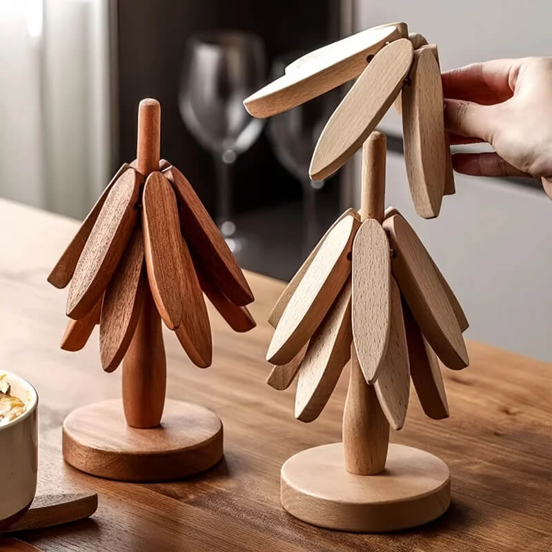 Posavasos de Madera en Nogal – Estiloso y Práctico, Arte en Madera para Tu Mesa, Set de 3 Posavasos de Madera, Creativo Soporte Plegable para Ollas