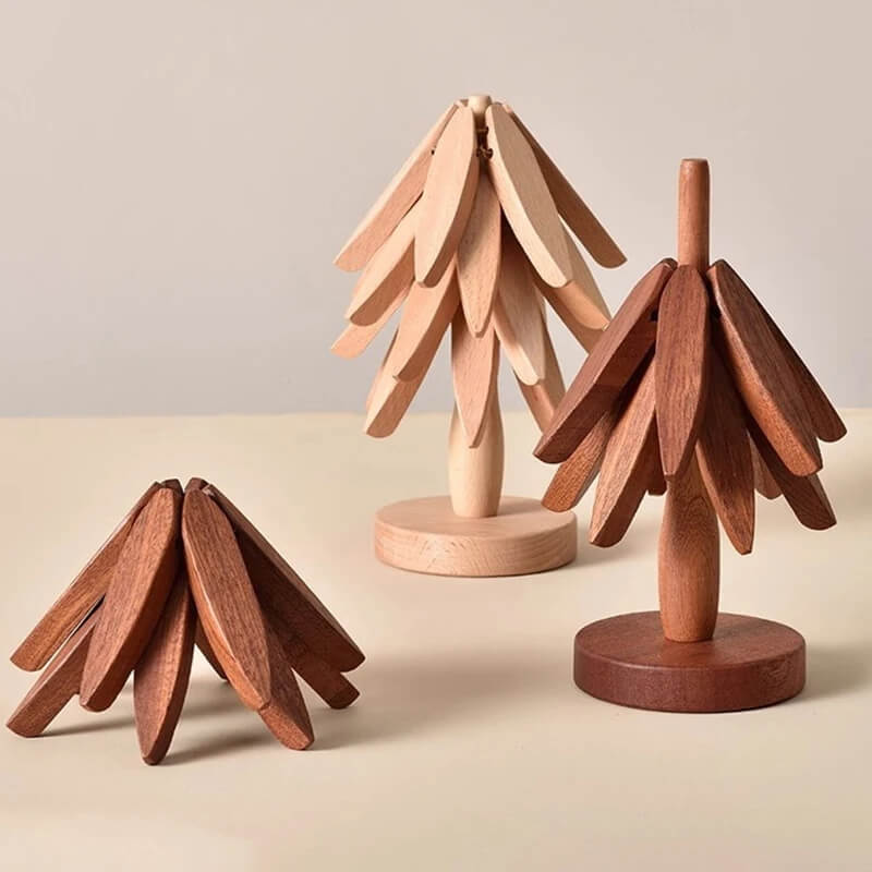 Posavasos de Madera en Nogal – Estiloso y Práctico, Arte en Madera para Tu Mesa, Set de 3 Posavasos de Madera, Creativo Soporte Plegable para Ollas