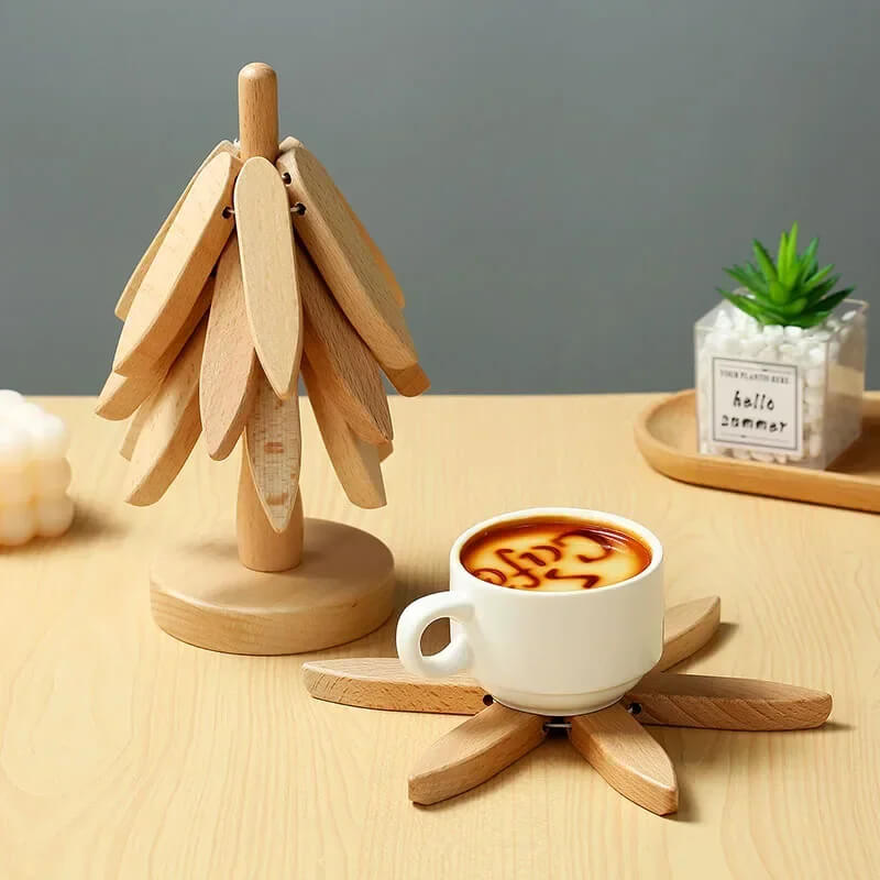 Posavasos de Madera en Nogal – Estiloso y Práctico, Arte en Madera para Tu Mesa, Set de 3 Posavasos de Madera, Creativo Soporte Plegable para Ollas