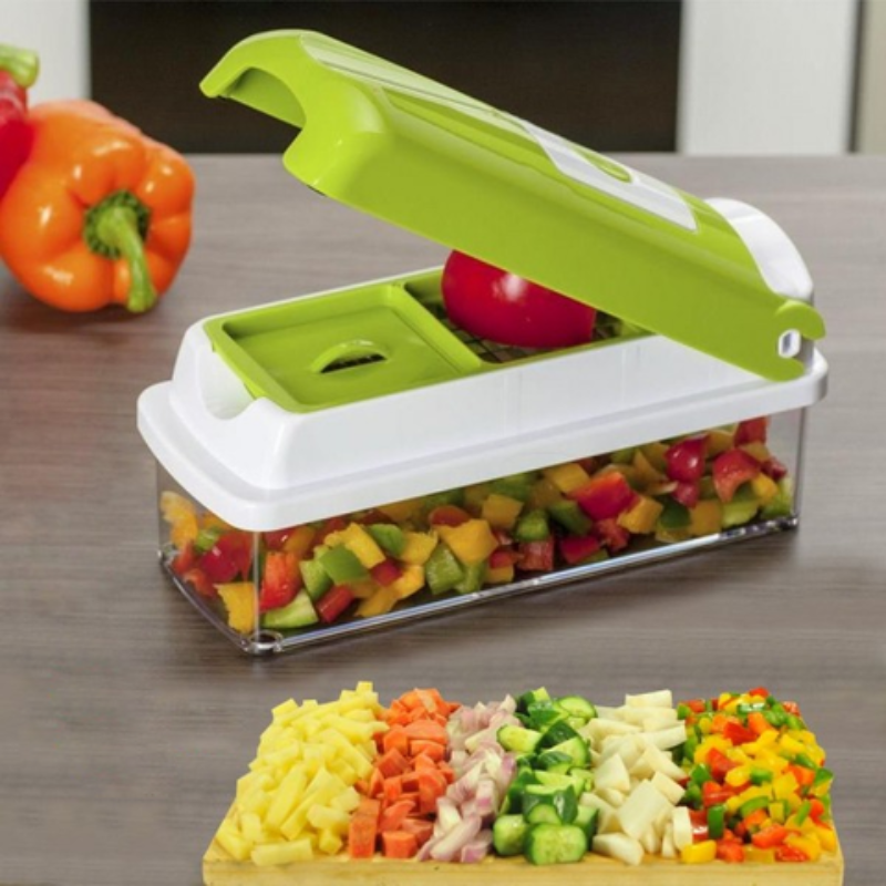 CutMate Cortador de Verduras Multifuncional 12 en 1 | Con Recipiente y Protección para los Dedos | Cuchillas de Acero Inoxidable | Compacto y Seguro