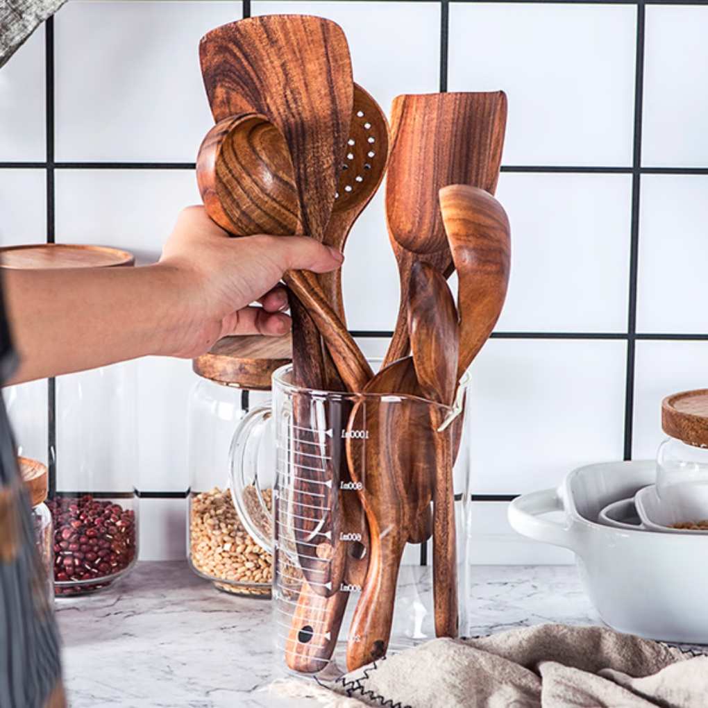Utensilios de cocina premium de madera de teca natural