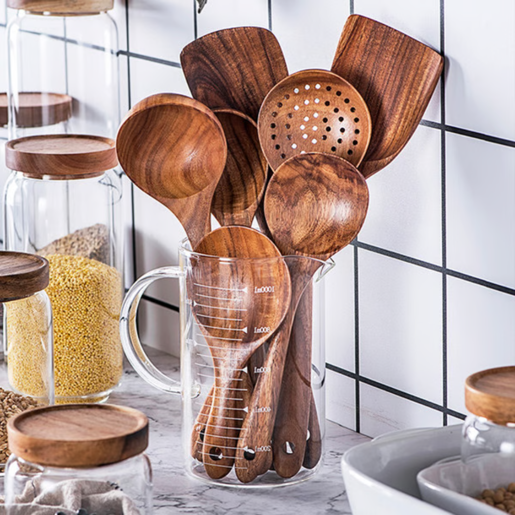 Utensilios de cocina premium de madera de teca natural