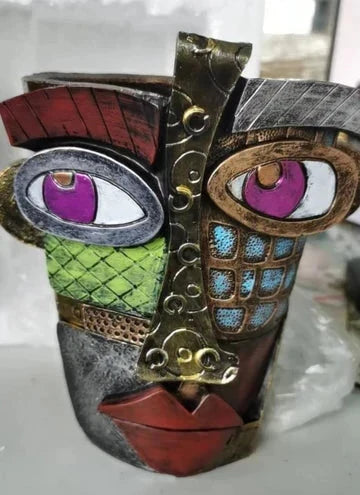 Maceta de Flor Abstracta de Cara de Picasso Hecha a Mano