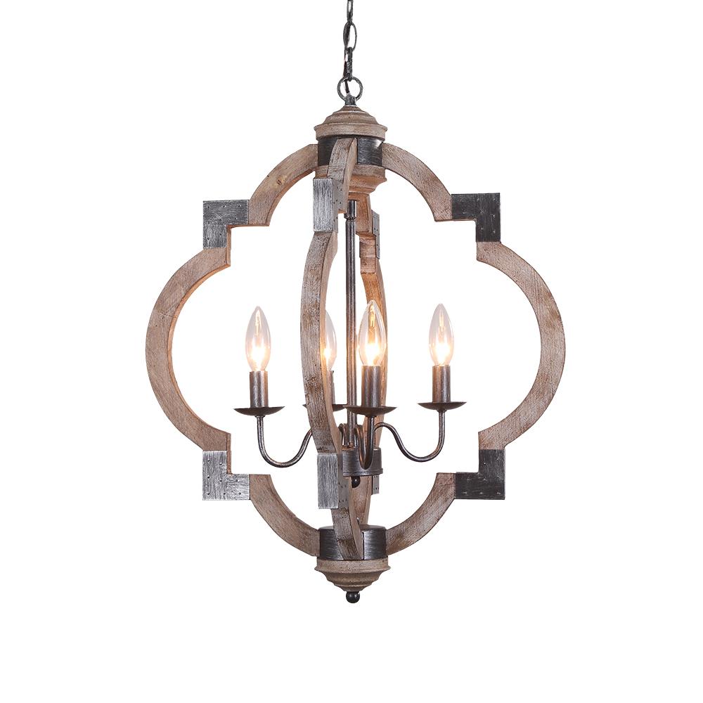 Lámpara Colgante Redonda de Madera Rústica de 4 Luces