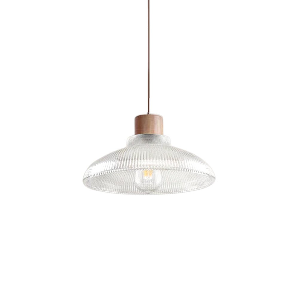 Lámpara colgante de vidrio en forma de cúpula con acentos de madera de 1 luz