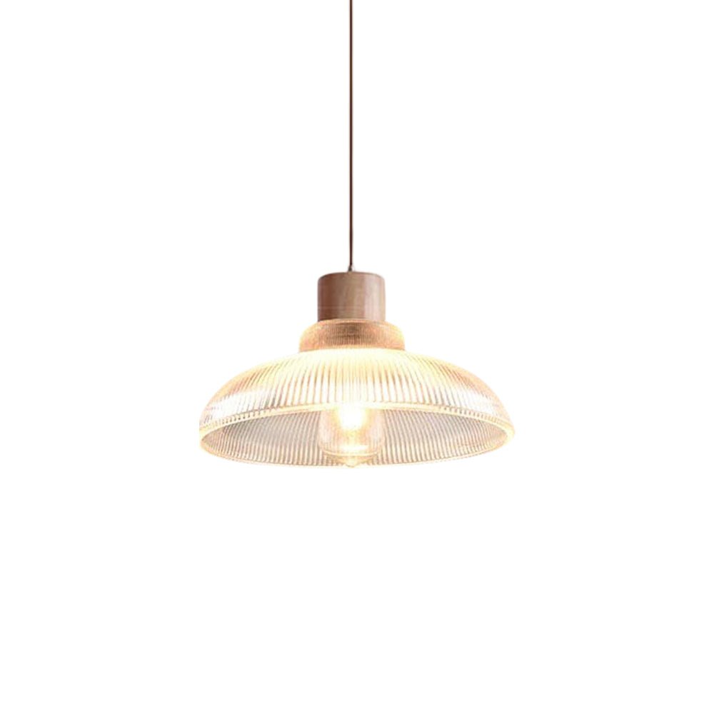 Lámpara colgante de vidrio en forma de cúpula con acentos de madera de 1 luz