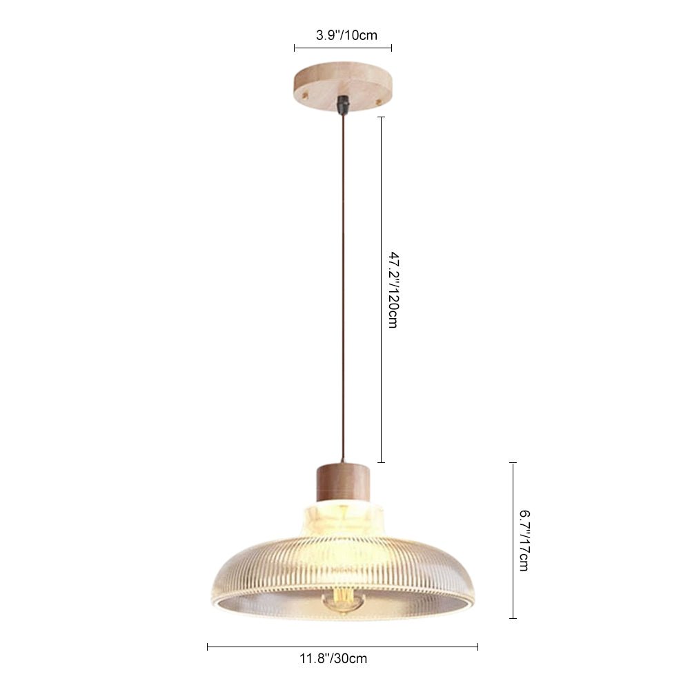 Lámpara colgante de vidrio en forma de cúpula con acentos de madera de 1 luz