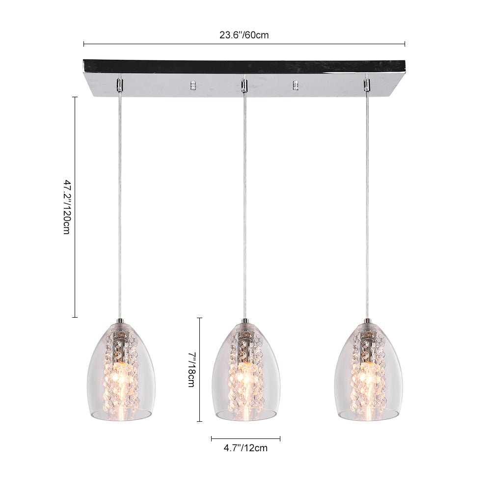 Lámpara colgante de vidrio ajustable para isla de cocina de 3 luces con acento de cristal