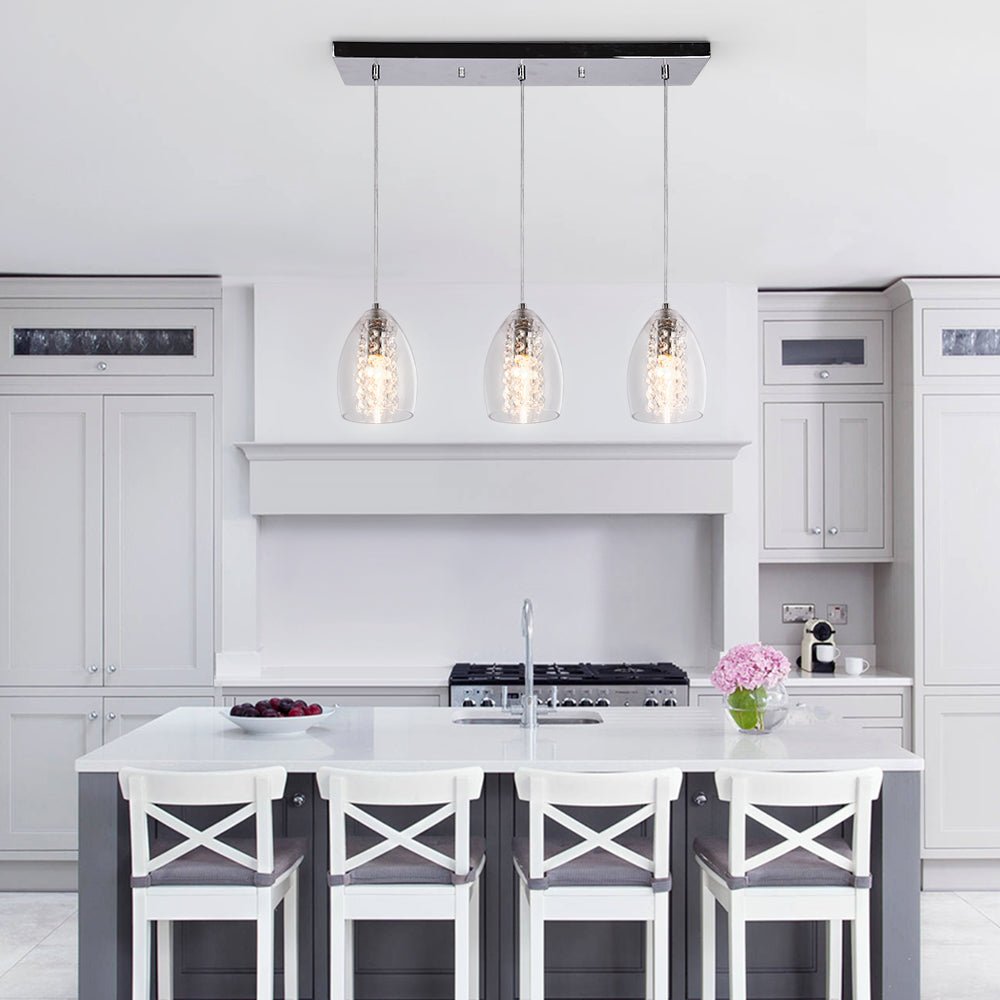 Lámpara colgante de vidrio ajustable para isla de cocina de 3 luces con acento de cristal