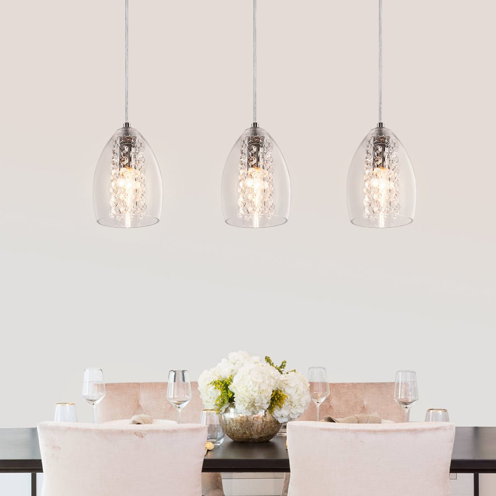 Lámpara colgante de vidrio ajustable para isla de cocina de 3 luces con acento de cristal