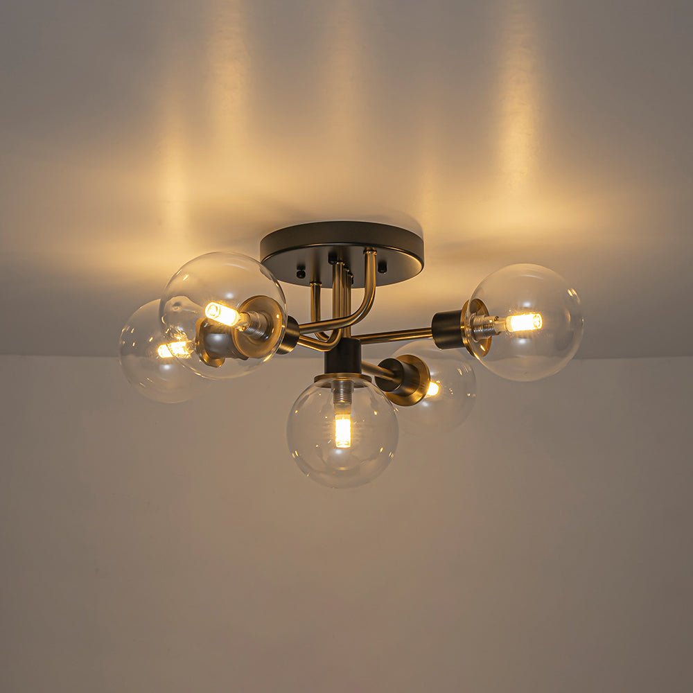 Luz de Montaje Semi Flush de Vidrio Globo Sputnik Moderno de 5 Luces en Negro y Dorado