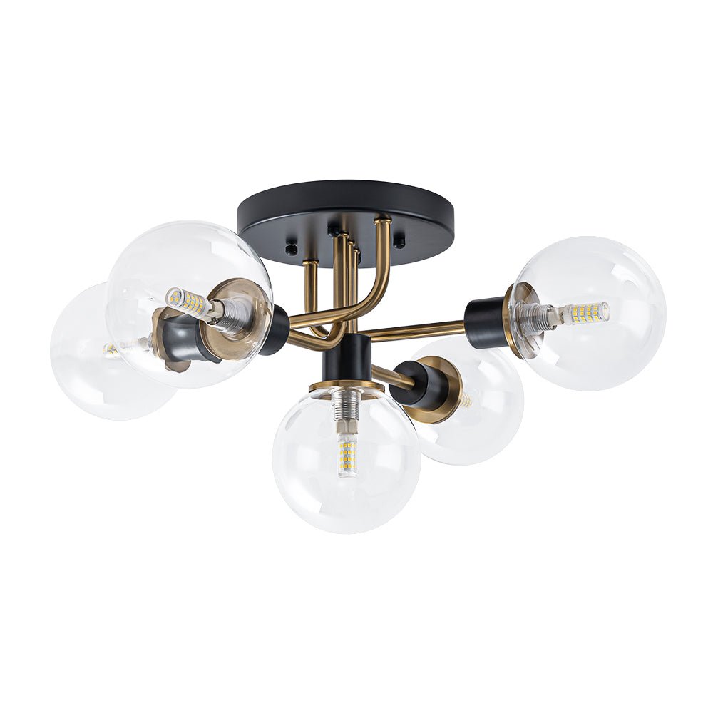 Luz de Montaje Semi Flush de Vidrio Globo Sputnik Moderno de 5 Luces en Negro y Dorado