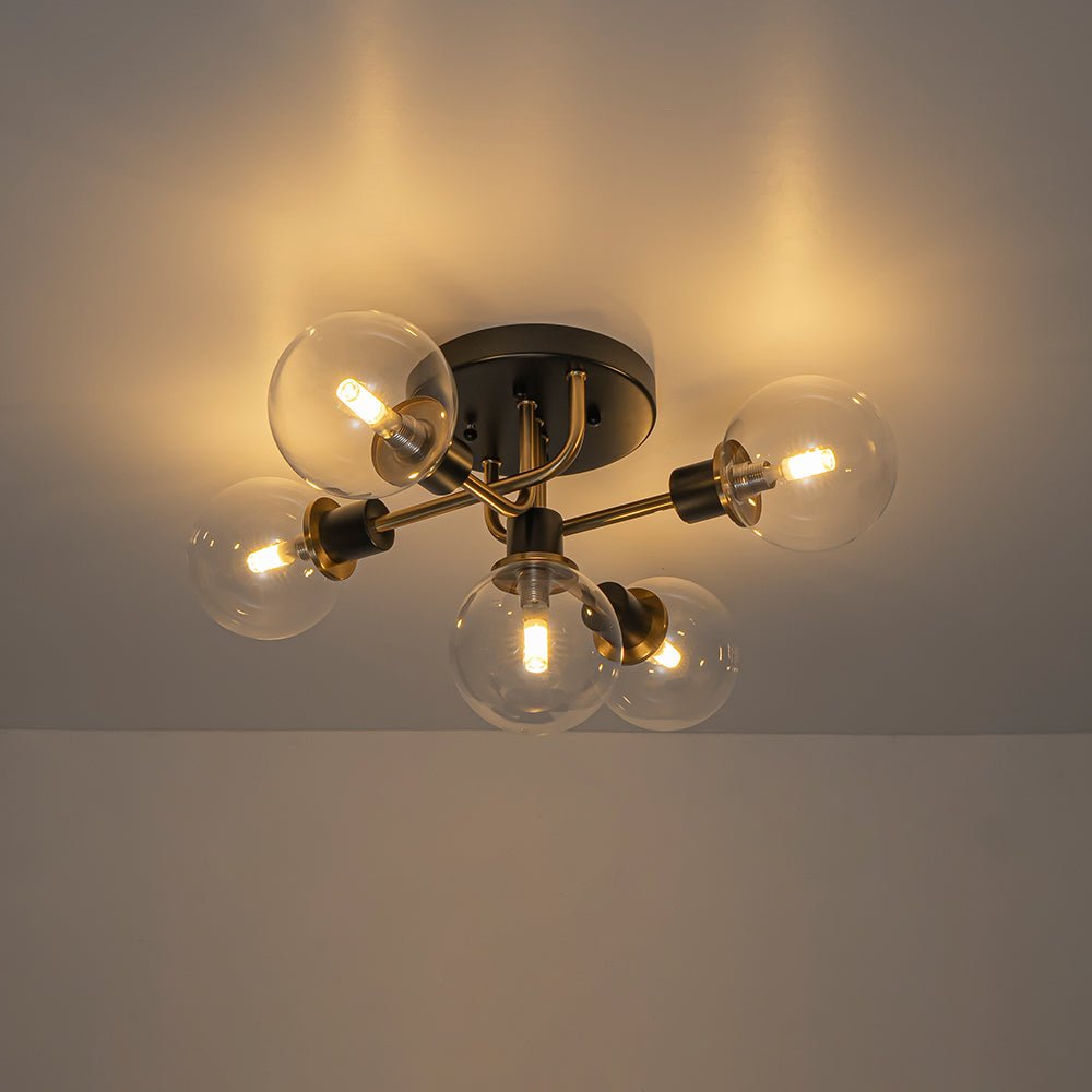 Luz de Montaje Semi Flush de Vidrio Globo Sputnik Moderno de 5 Luces en Negro y Dorado