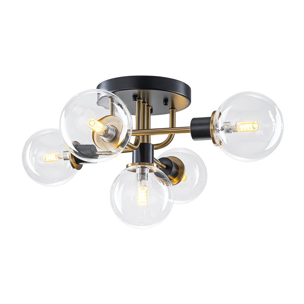 Luz de Montaje Semi Flush de Vidrio Globo Sputnik Moderno de 5 Luces en Negro y Dorado