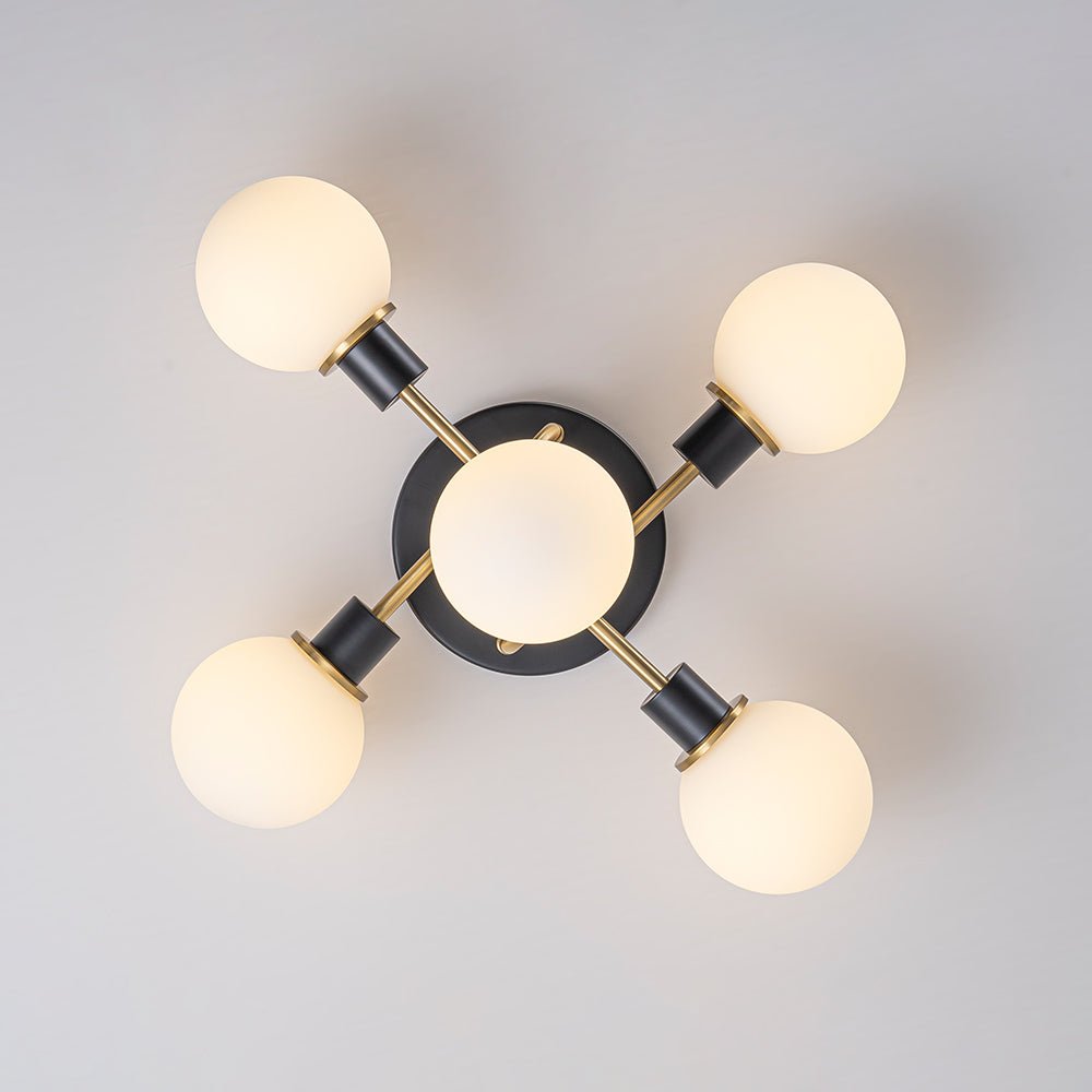 Luz de Montaje Semi Flush de Vidrio Globo Sputnik Moderno de 5 Luces en Negro y Dorado