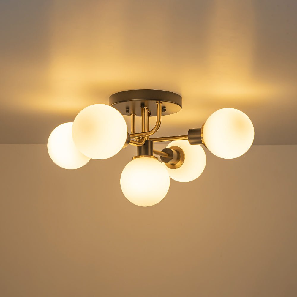Luz de Montaje Semi Flush de Vidrio Globo Sputnik Moderno de 5 Luces en Negro y Dorado