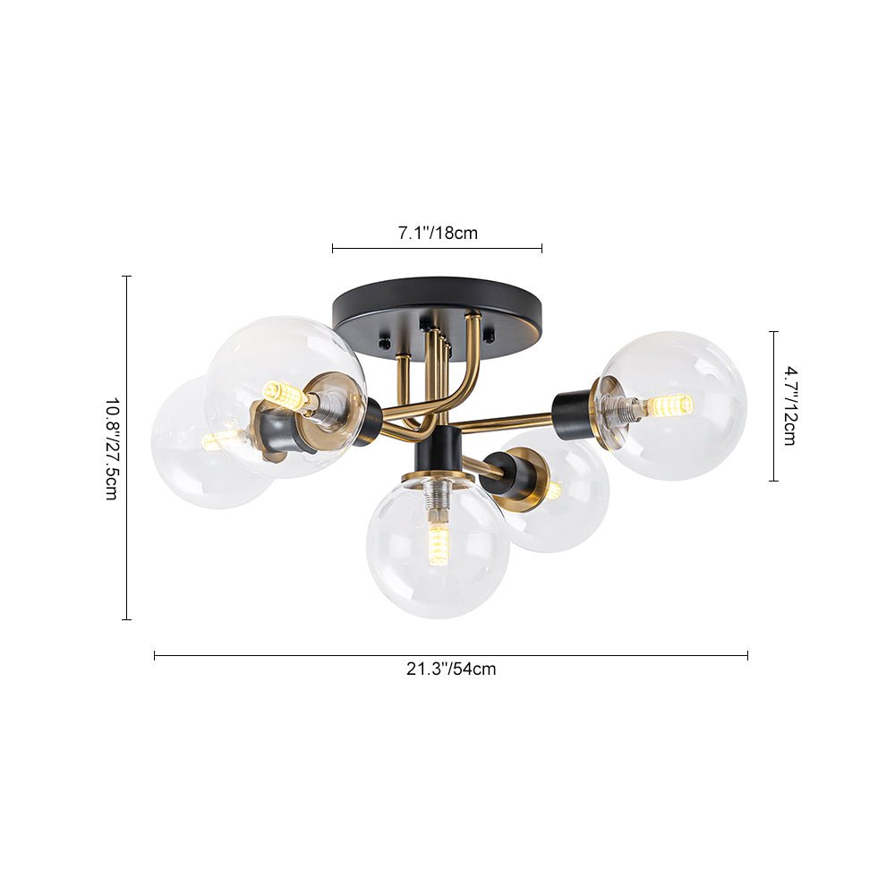 Luz de Montaje Semi Flush de Vidrio Globo Sputnik Moderno de 5 Luces en Negro y Dorado