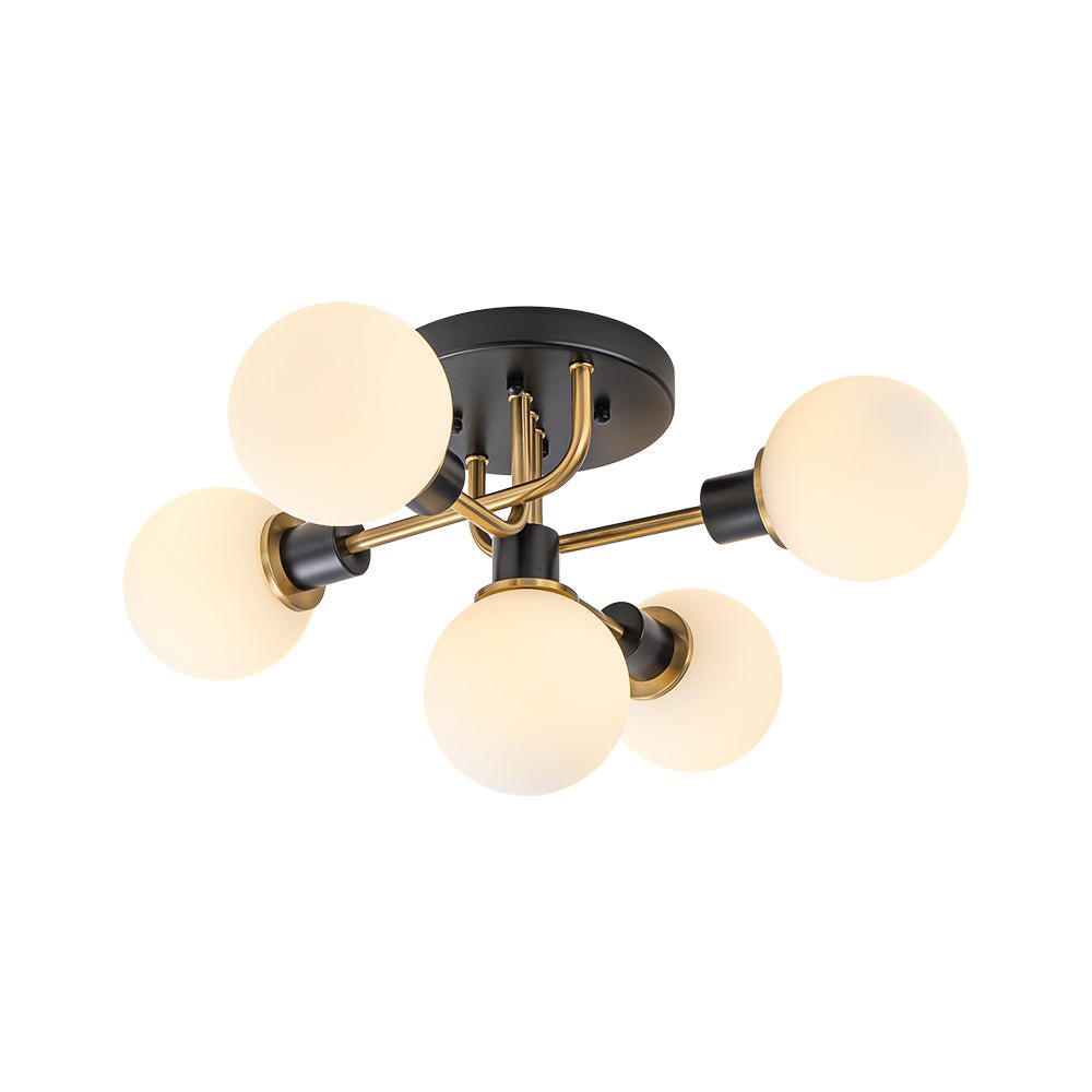 Luz de Montaje Semi Flush de Vidrio Globo Sputnik Moderno de 5 Luces en Negro y Dorado