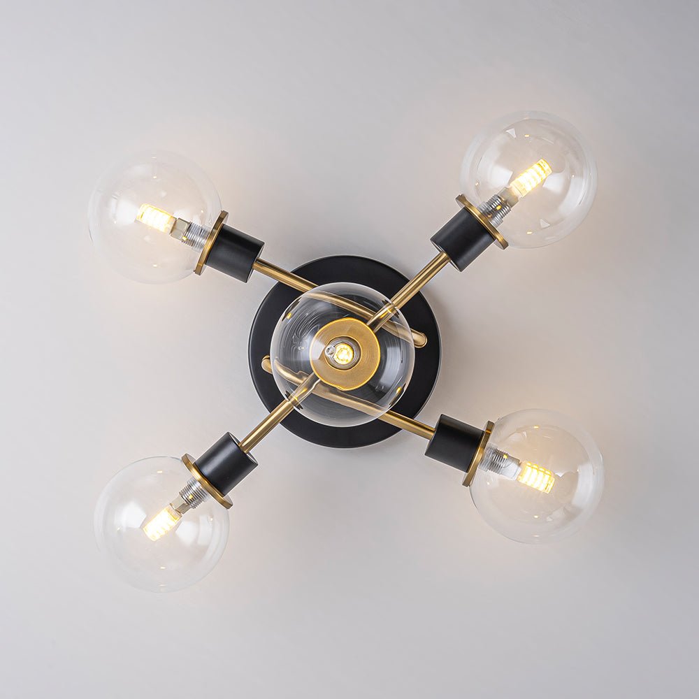 Luz de Montaje Semi Flush de Vidrio Globo Sputnik Moderno de 5 Luces en Negro y Dorado