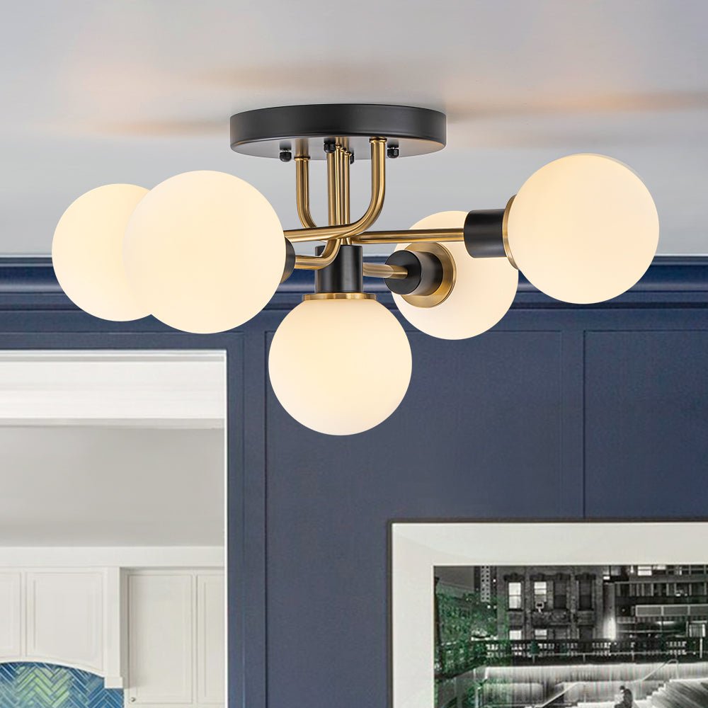 Luz de Montaje Semi Flush de Vidrio Globo Sputnik Moderno de 5 Luces en Negro y Dorado