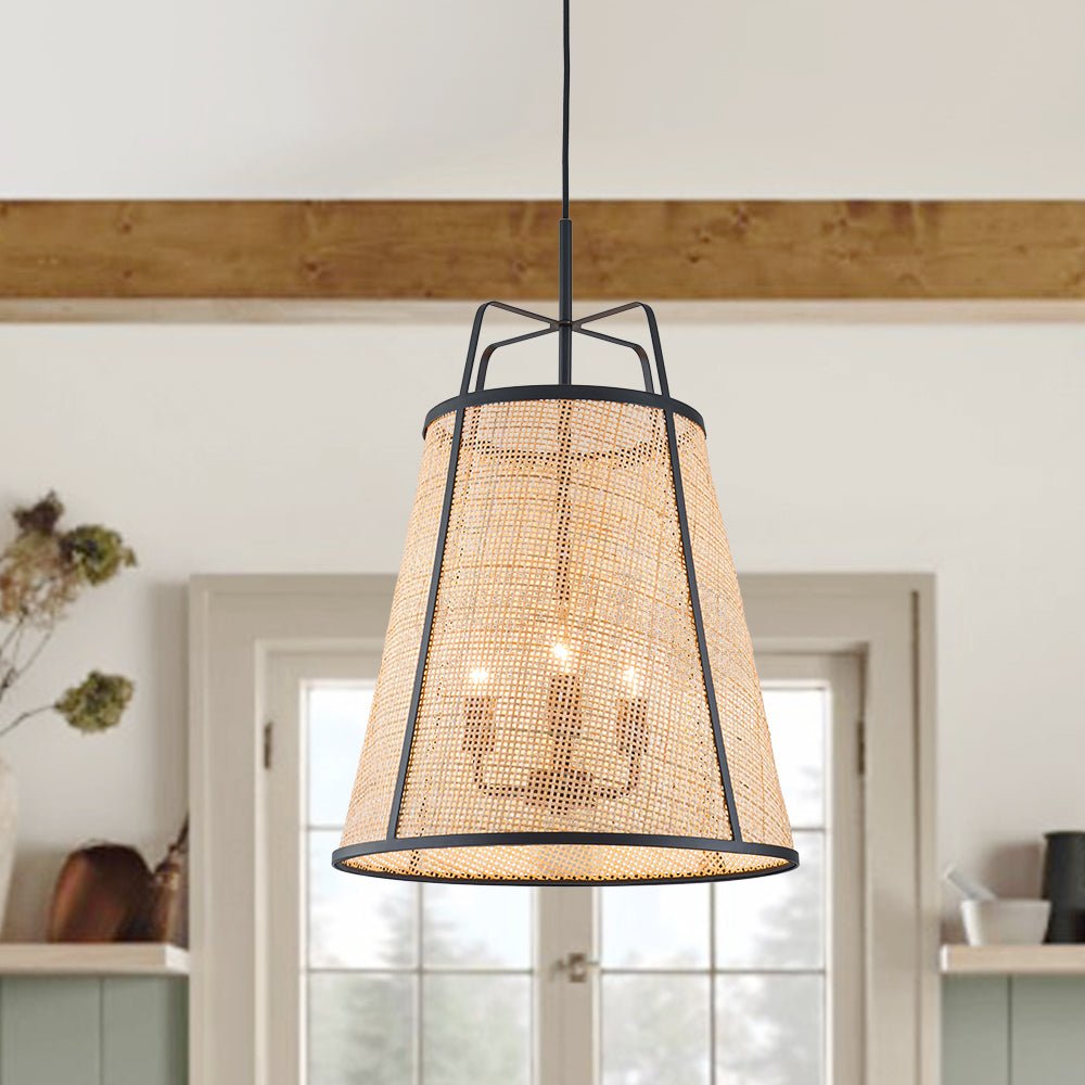 Lámpara Colgante Cónica Hueca de Ratan Tejido a Mano de 3 Luces Boho