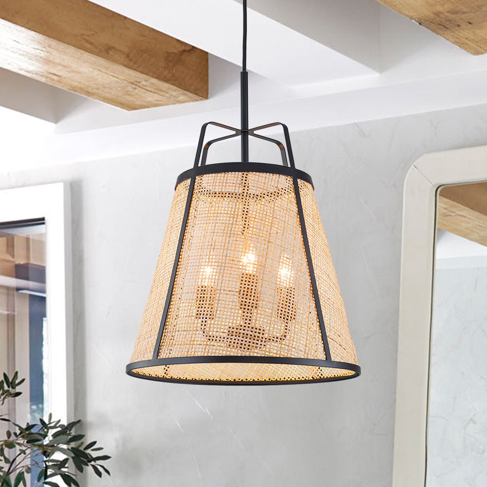 Lámpara Colgante Cónica Hueca de Ratan Tejido a Mano de 3 Luces Boho