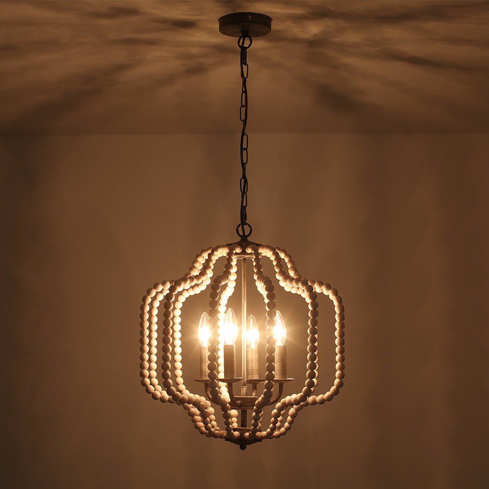 Lámpara de Araña Geométrica Boho de 4 Luces con Perlas de Madera