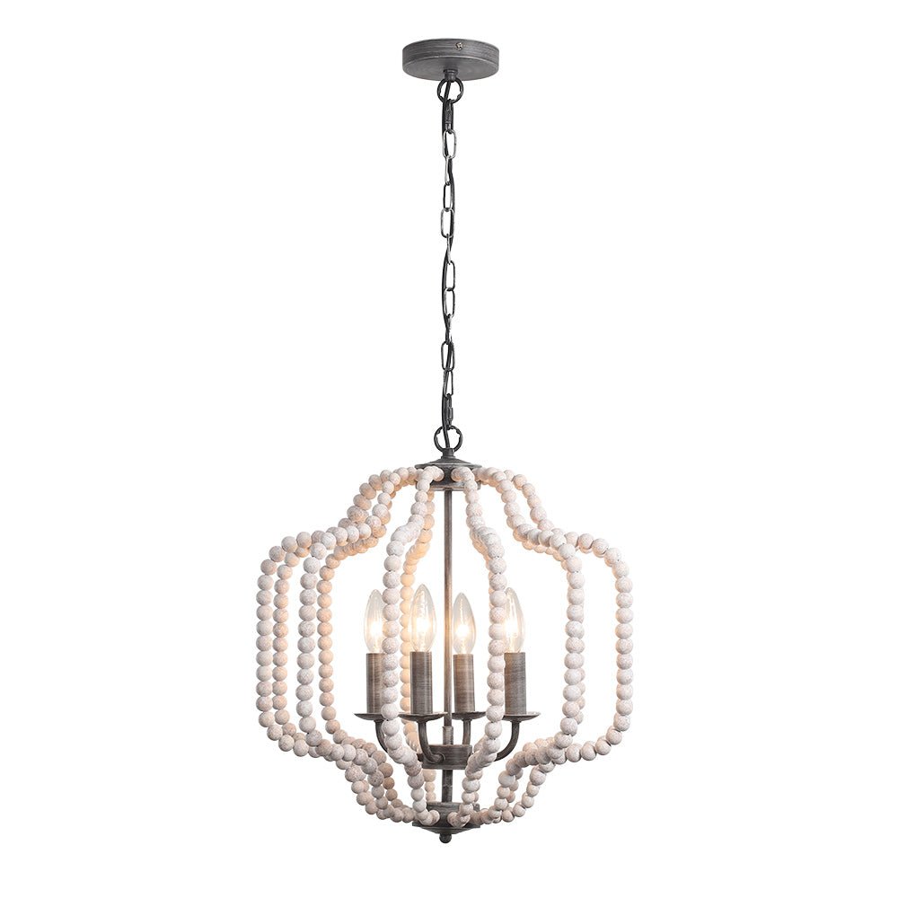 Lámpara de Araña Geométrica Boho de 4 Luces con Perlas de Madera