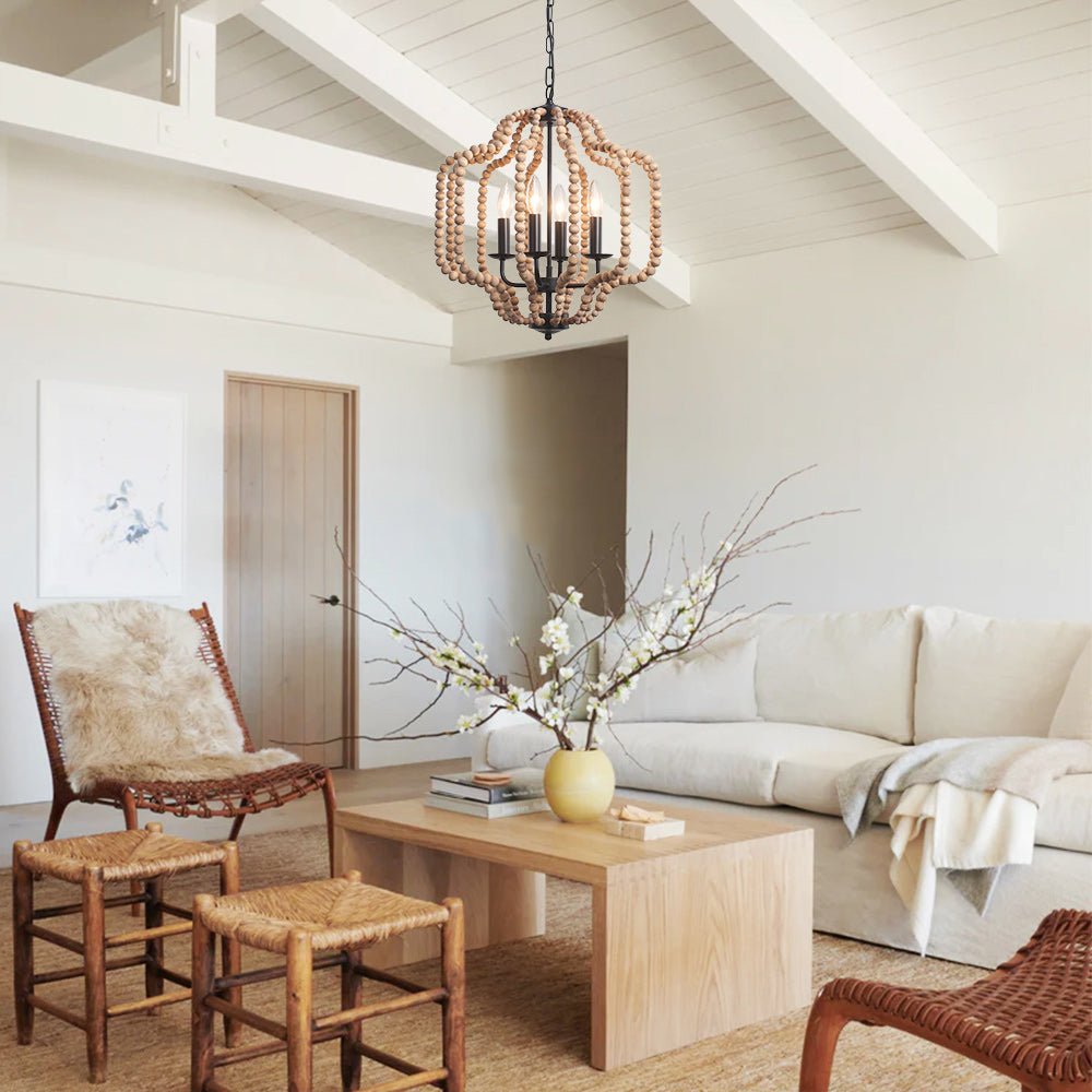 Lámpara de Araña Geométrica Boho de 4 Luces con Perlas de Madera