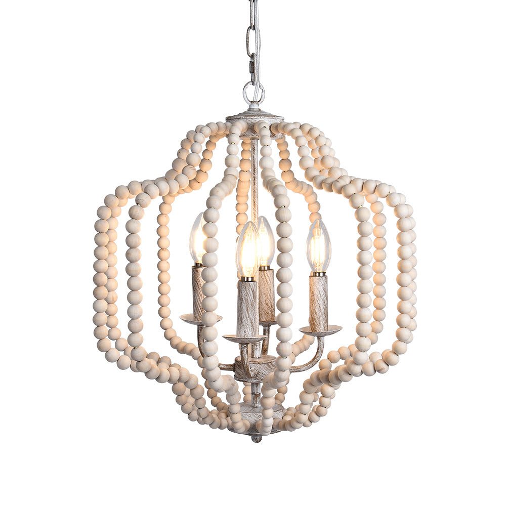 Lámpara de Araña Geométrica Boho de 4 Luces con Perlas de Madera