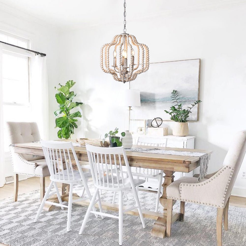 Lámpara de Araña Geométrica Boho de 4 Luces con Perlas de Madera