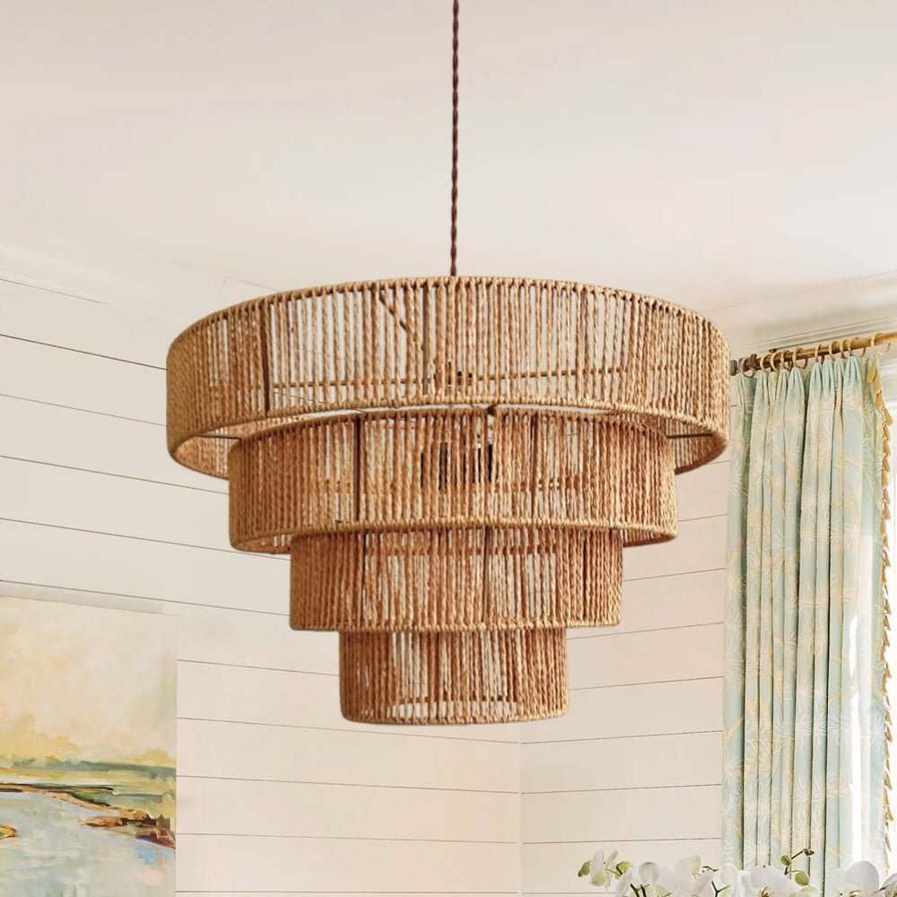 Lámpara de Araña de Rattan Tejida a Mano en Capas Boho Natural de 1 Luz