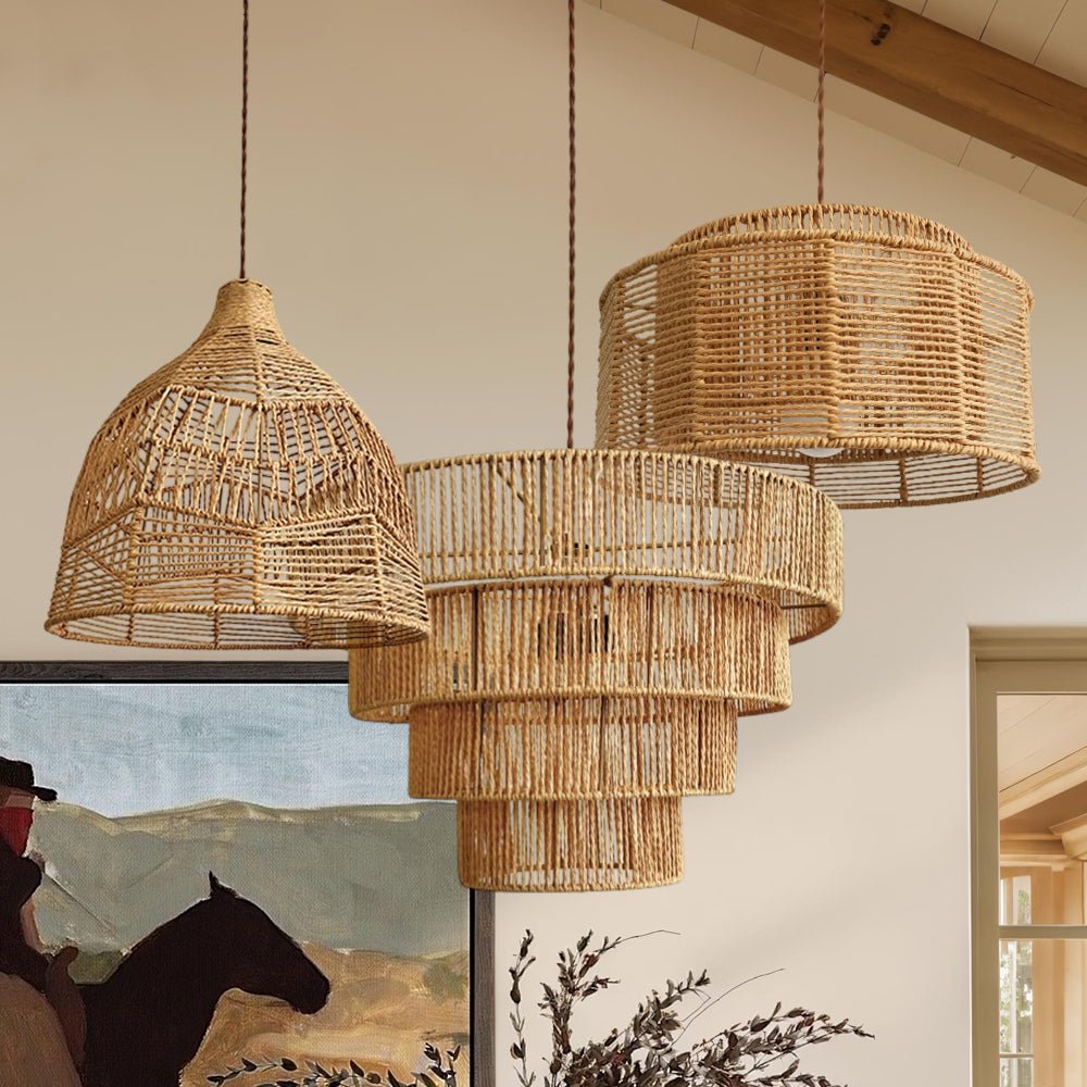 Lámpara de Araña de Rattan Tejida a Mano en Capas Boho Natural de 1 Luz