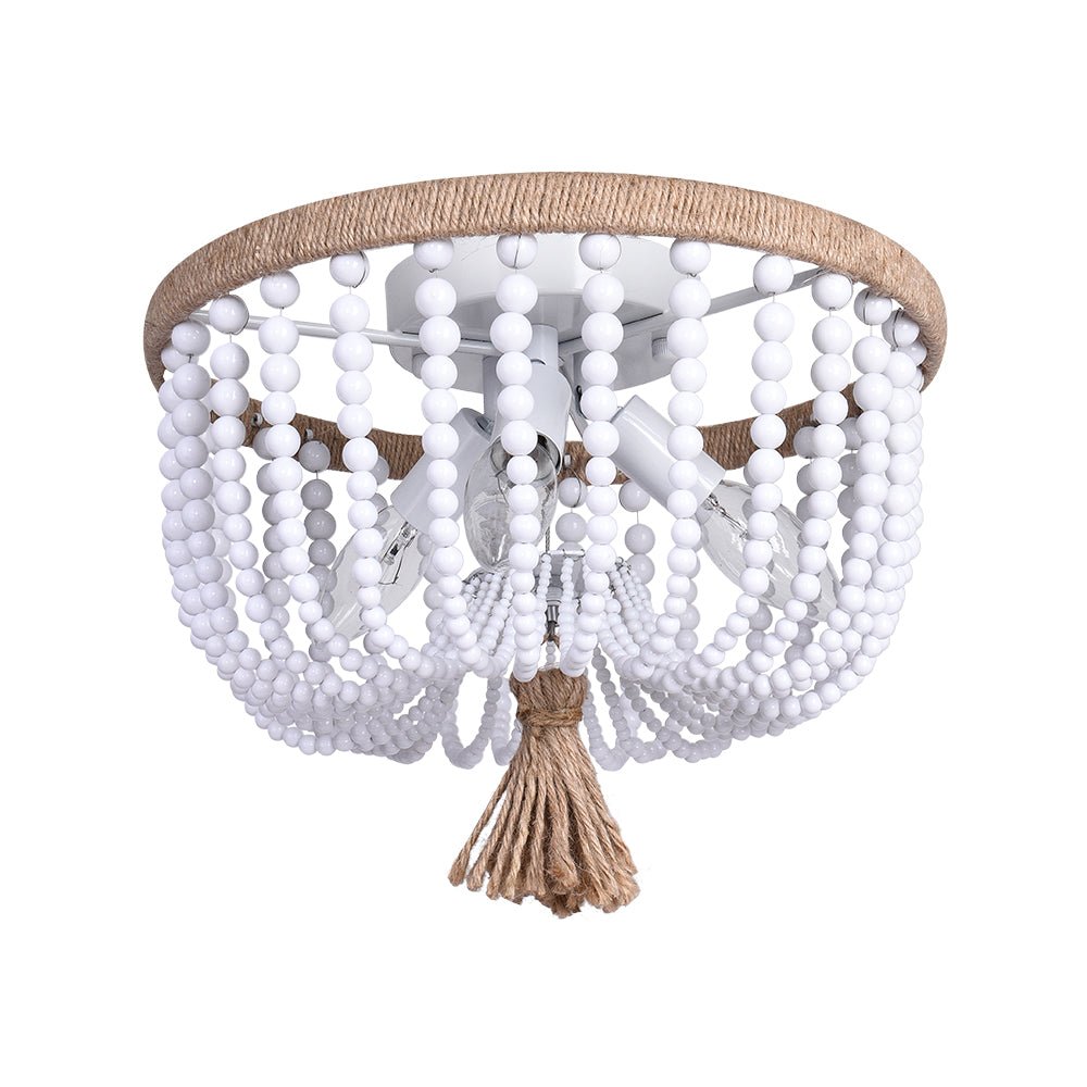 Luz de Techo de 3 Luces con Cuerda de Cáñamo y Perlas Blancas