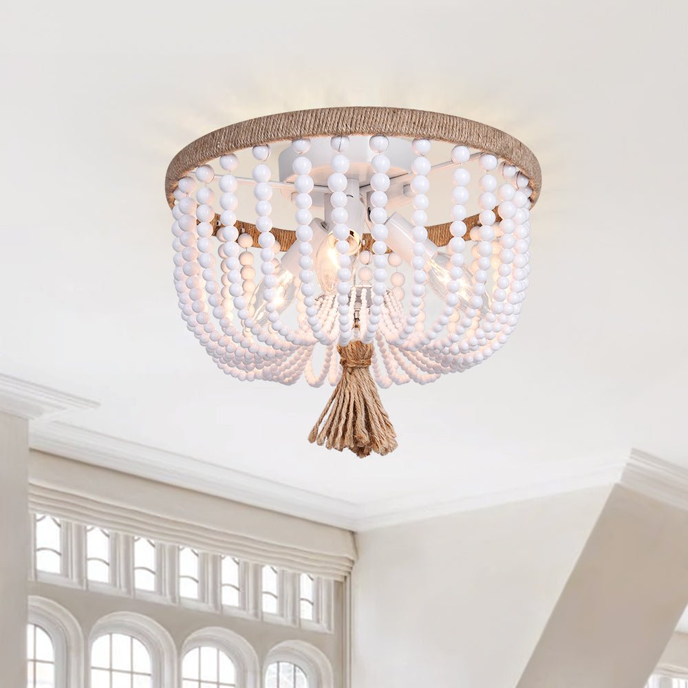 Luz de Techo de 3 Luces con Cuerda de Cáñamo y Perlas Blancas