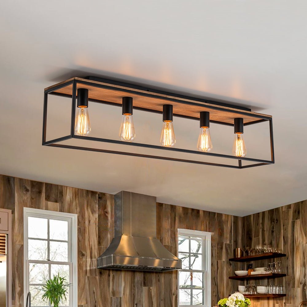Montaje en Superficie Rectangular de Jaula de Madera de 5 Luces Estilo Granja